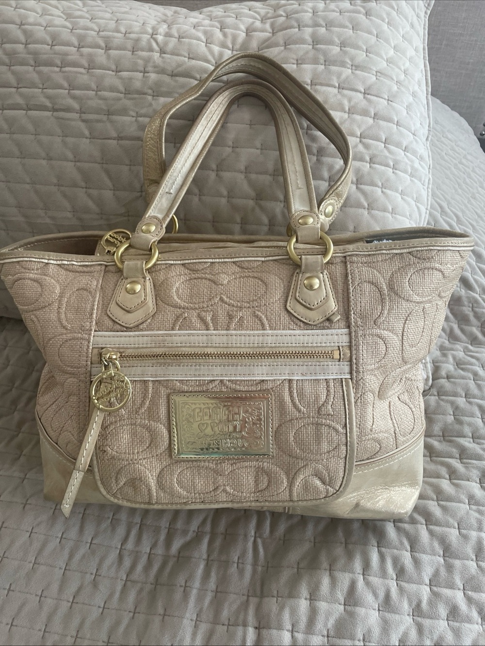 Coach Poppy Light Beige Signature Tote with Gold Hardware